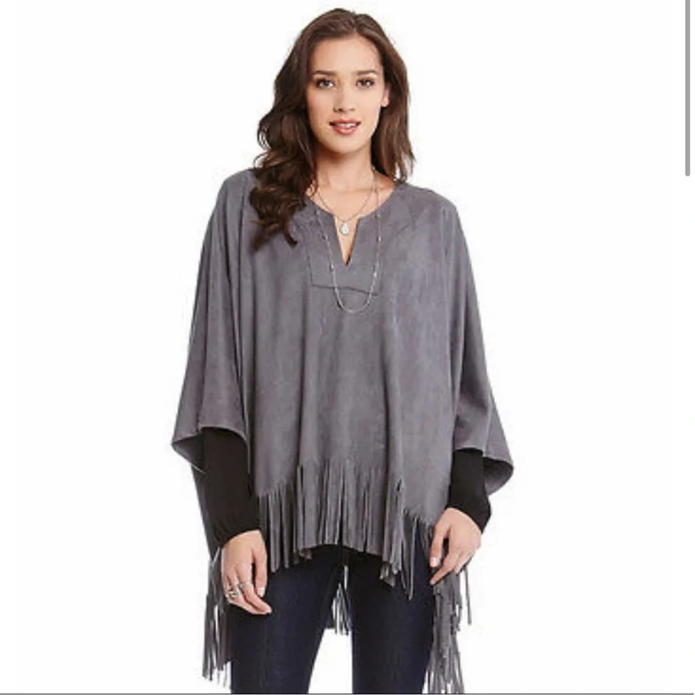Karen Kane Faux Suede Tan Fringe Cape Large - Picture 12 of 12